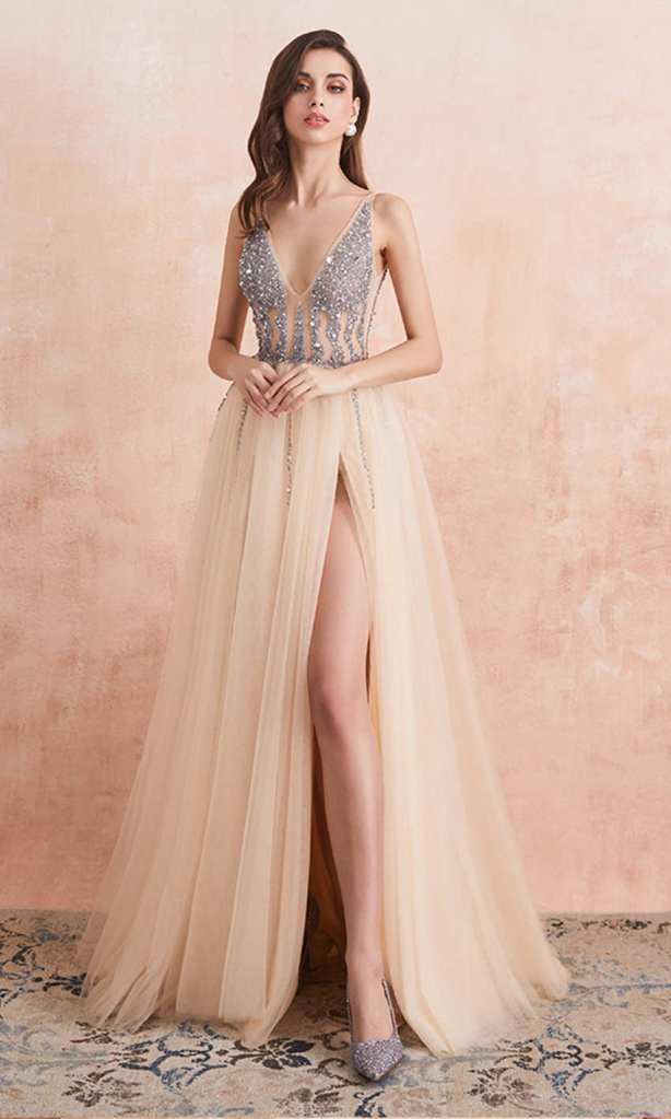 see-through tulle sequined prom dresses slit